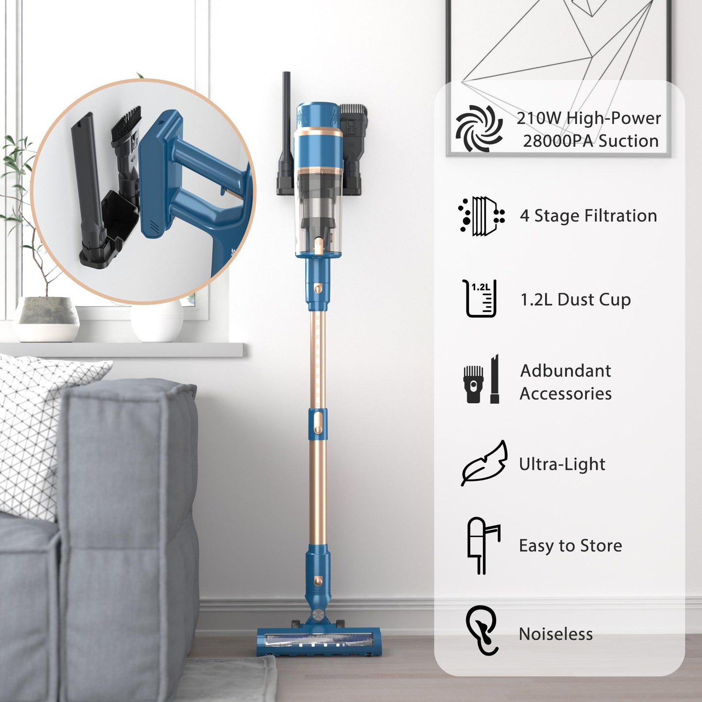 APOSEN Akku-Hand-und Stielstaubsauger Stielstaubsauger P2, 28Kpa, Echtzeit-Leistungsanzeige, 210,00 W, Beutellos, Bürstenloser 210-W-Motor mit 70.000 U/min, doppelte Zyklonfilterung