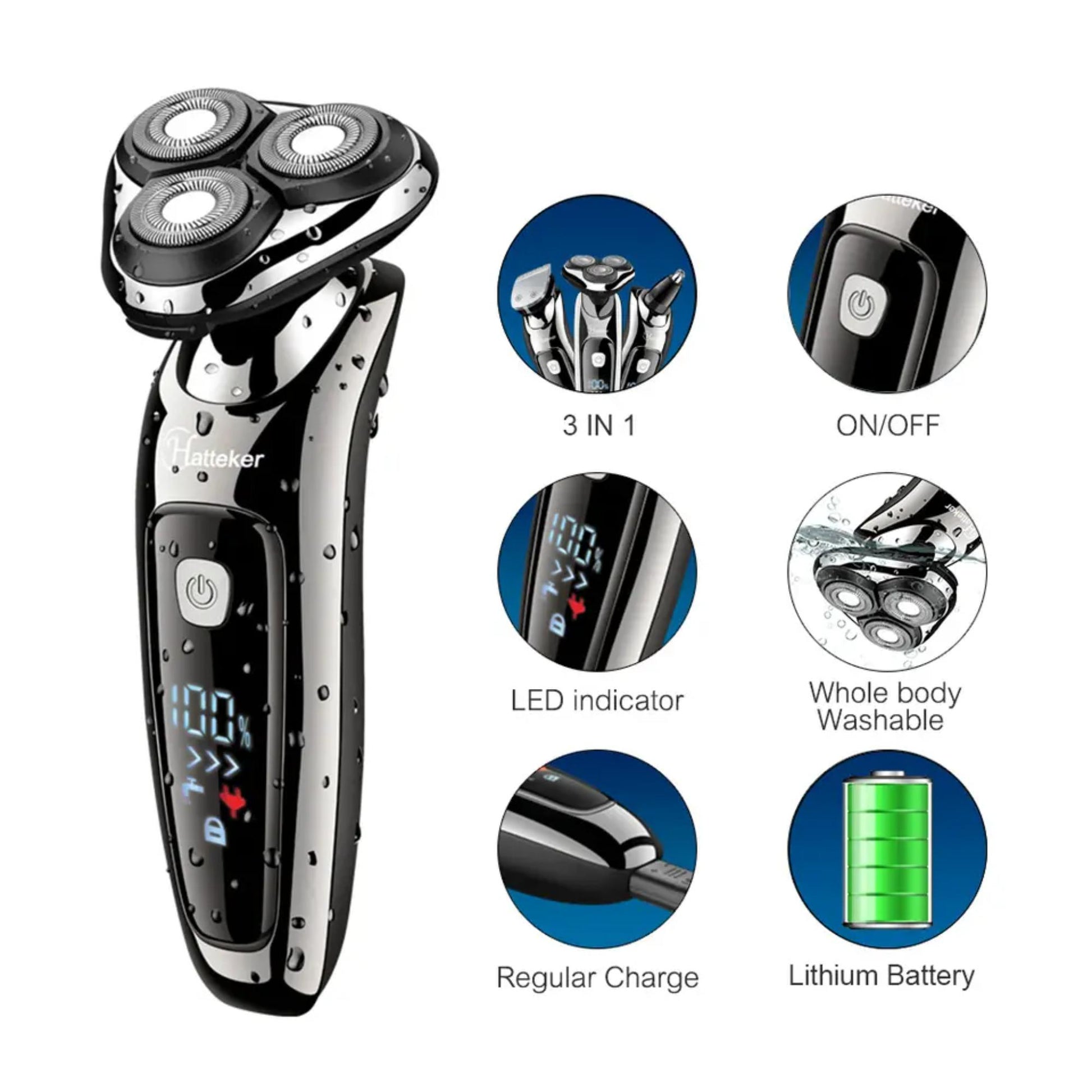 Hattaker HK-965803 3-in-1 Shaver with Beard and Nose Hair Trimmer. | Blue Chilli Electronics.