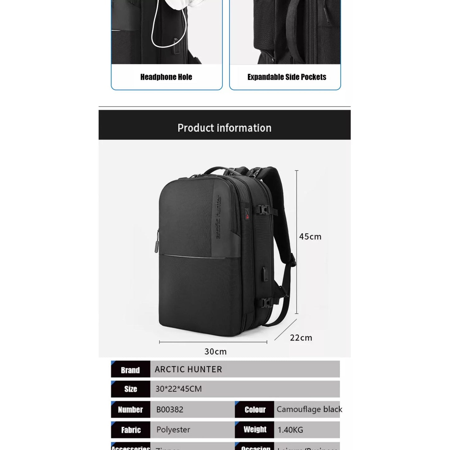 Artic Hunter B00382 Laptop Backpack | 2-in-1 Detachable Backpack 17 inch, Anti-theft, Water-repellent, 35L Capacity, USB Charging Port