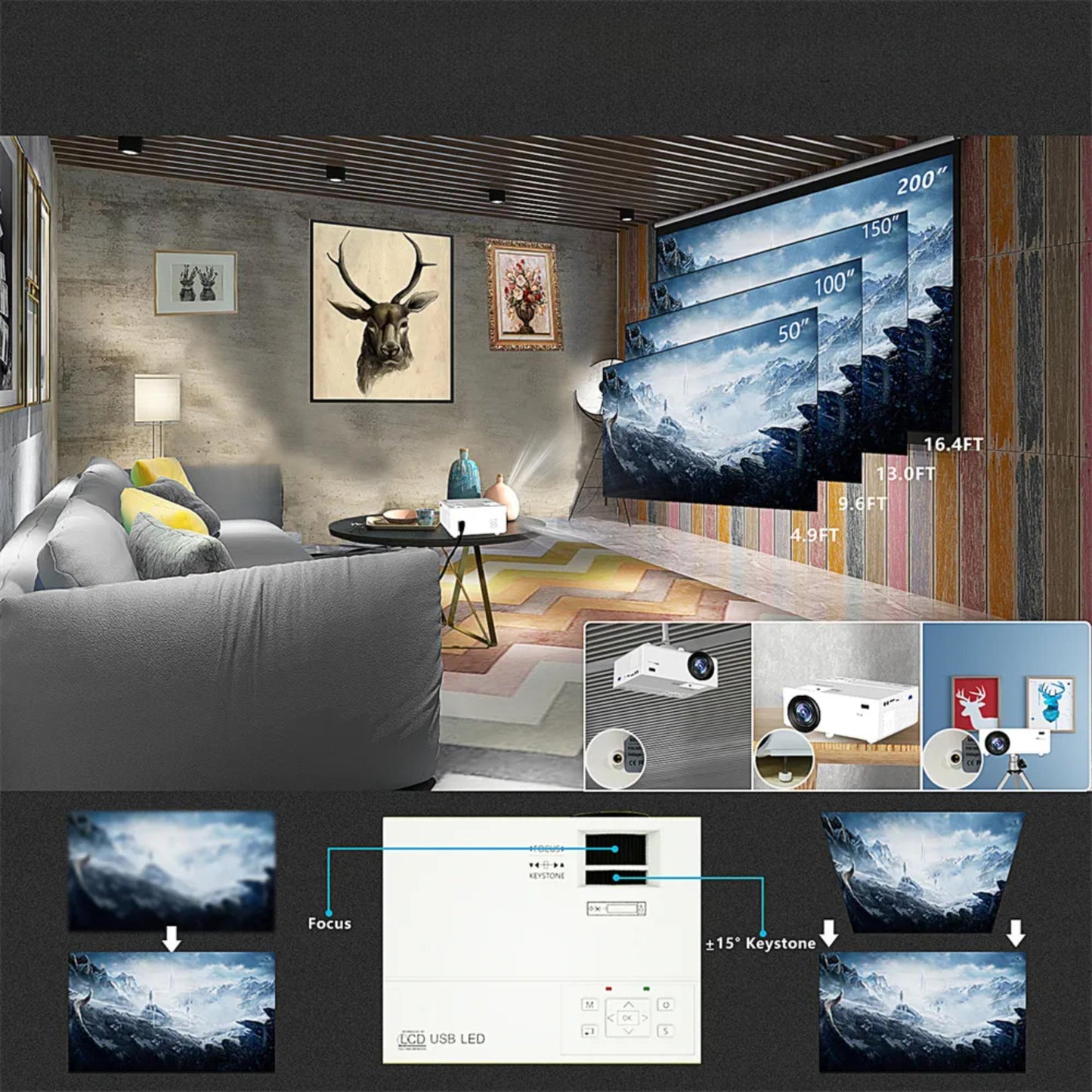 Transjee M8G HD LED Projektor | Auflösung 1280*1080, Projektionsabstand 1,5 m-4 m, Projektionsgröße 30 Zoll-120 Zoll, Integrierter Lautsprecher