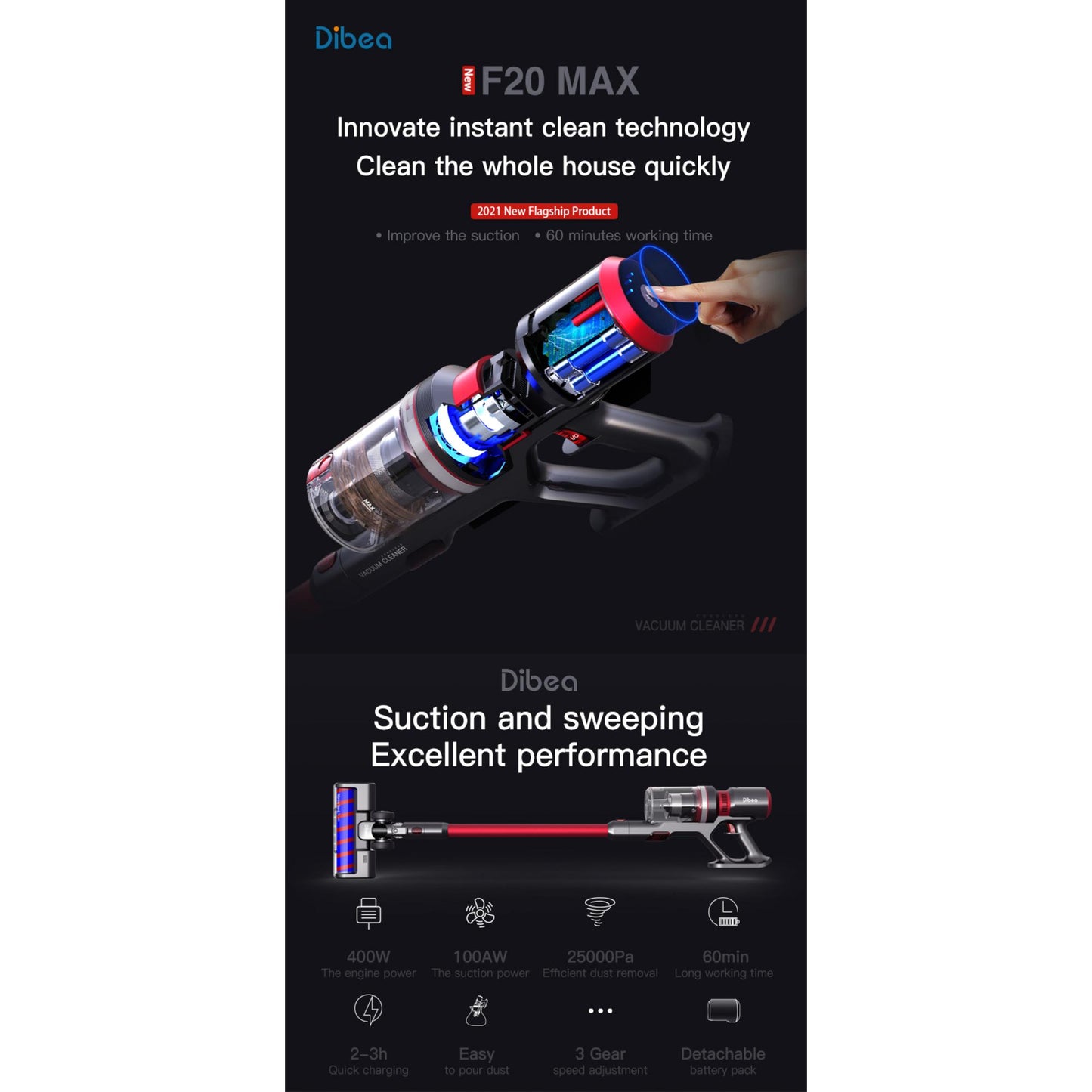 Dibea F20 Max Effortless Stick Vacuum, simplifying cleaning routines. | Blue Chilli Electronics.