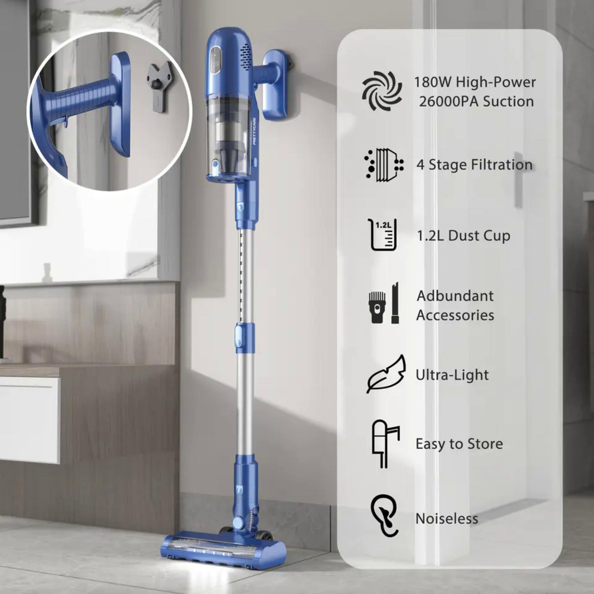 Pretty Care P1 Cordless Stick Vacuum Cleaner mit vielseitiger Laufzeit: 18-40 Minuten für ununterbrochene Nutzung. | Blue Chilli Electronics.