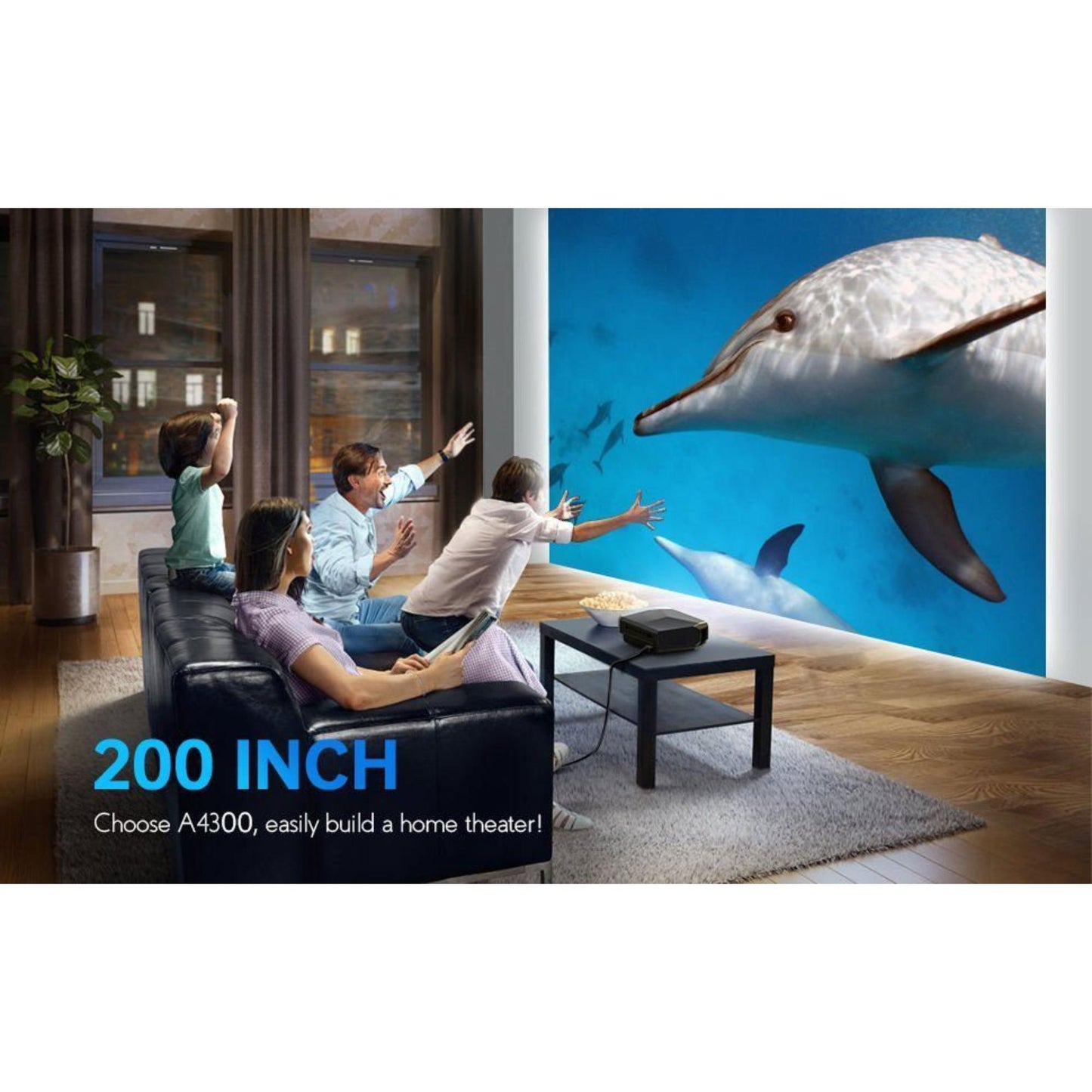 Transjee A4300 Pro: Genießen Sie ein immersives Seherlebnis mit einer Projektionsgröße von 45 Zoll bis 200 Zoll. | Blue Chilli Electronics.