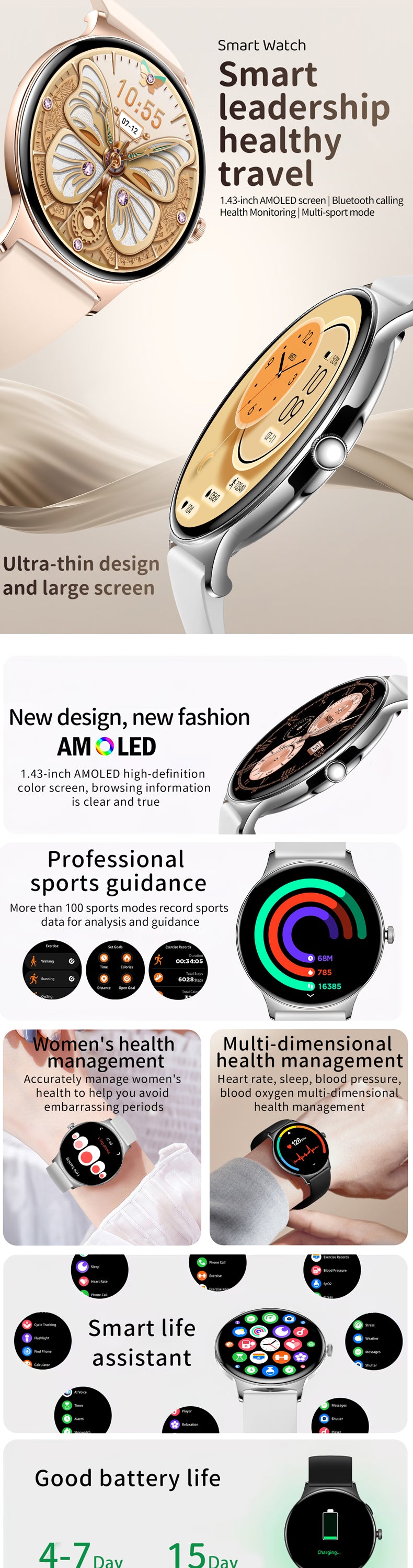 V89 Damen Smartwatch Ultra Thin AMOLED