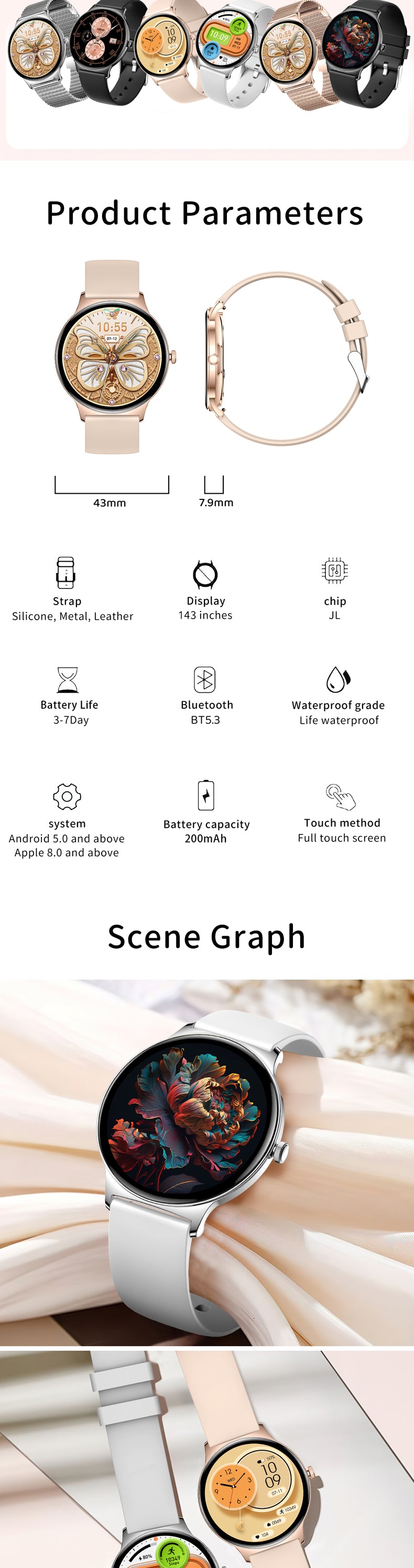 V89 Damen Smartwatch Ultra Thin AMOLED
