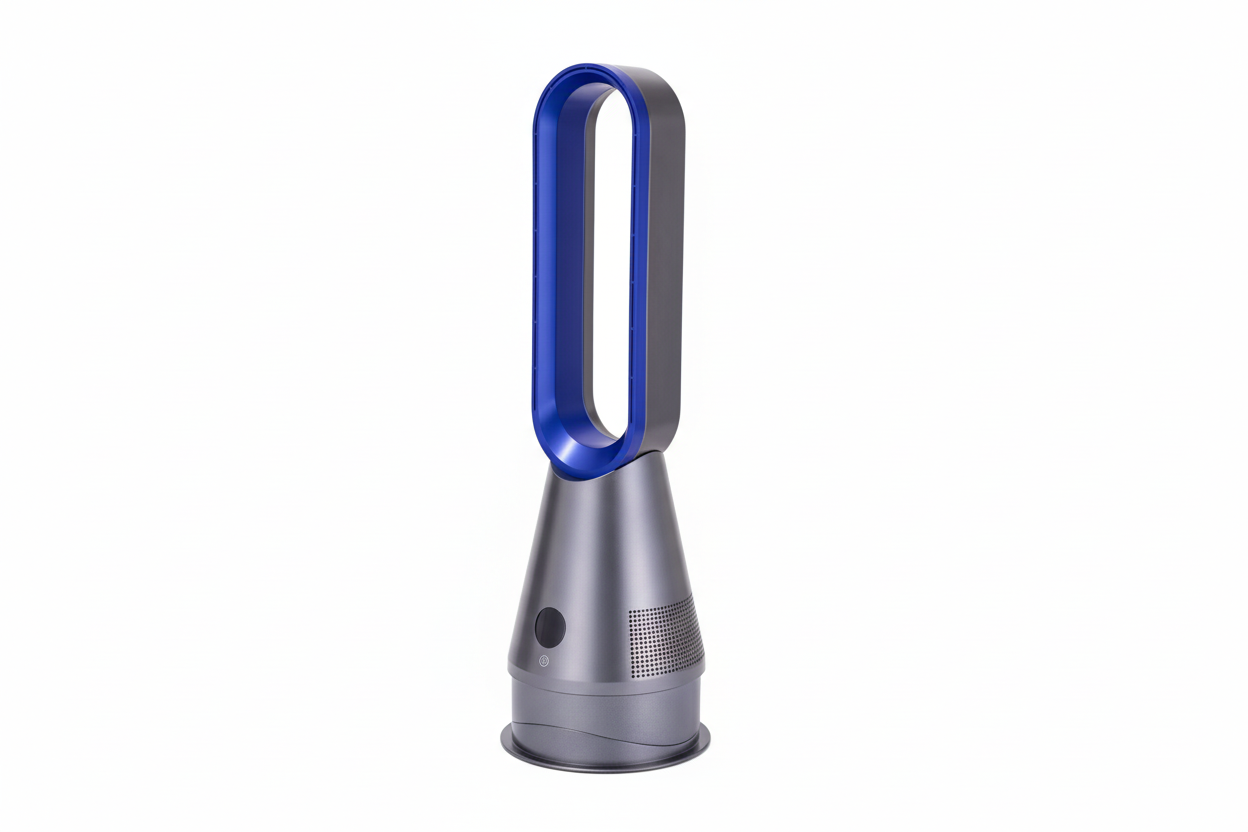 Blue tower fan with white background