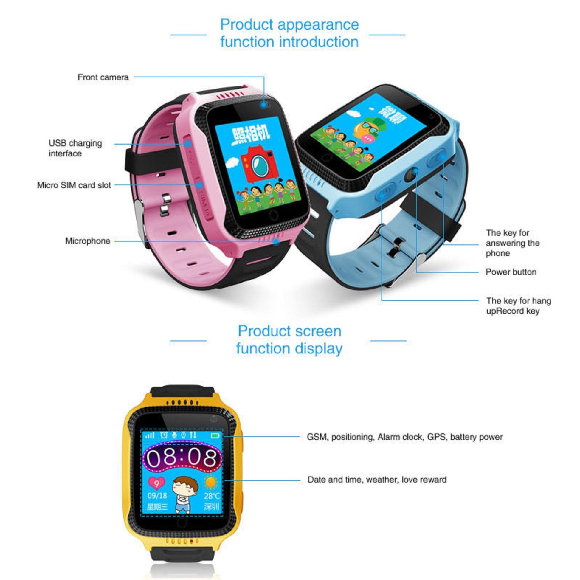 Kinder-Smartwatch mit GPS - Karen M G900A, 1,44-Zoll-Bildschirm, integrierte Kamera, langlebiger Akku. | Blue Chilli Electronics.